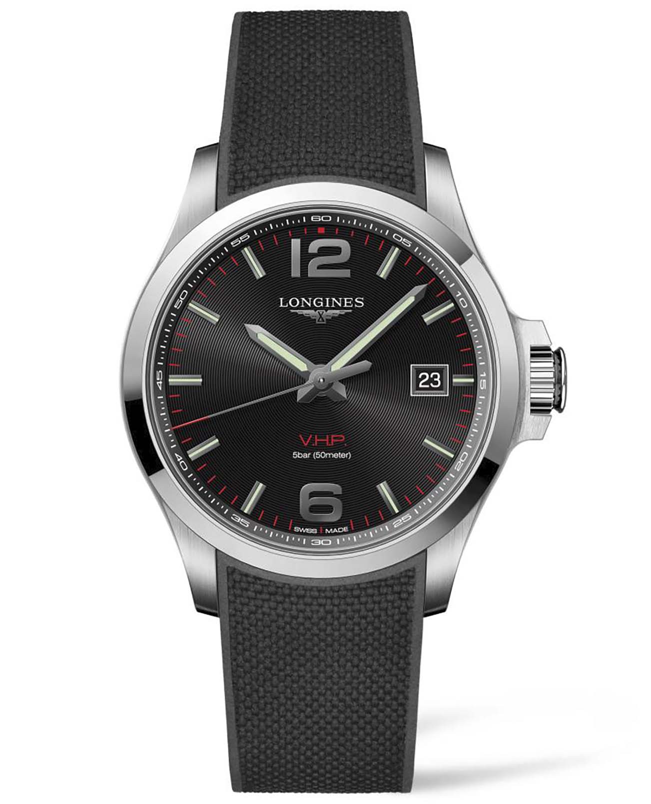 Longines Longines Conquest V.H.P. L3.726.4.56.9  L37264569 кварцевые мужские часы черный циферблат, браслет каучук — вид спереди